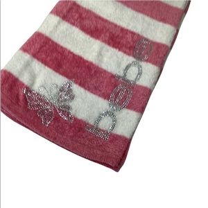 bebe Crystals logo and butterfly pink white stripped scarf size 66X8 EUC